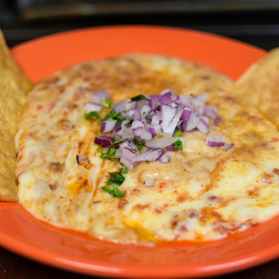 Melted cheese dip topped with diced red onion and cilantro, served with tortilla chips on an orange plate.