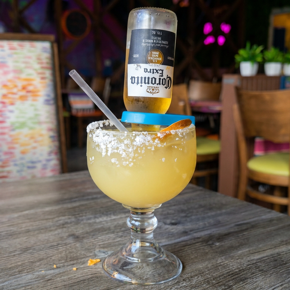 Salt-rimmed yellow cocktail garnished with lime and topped with an inverted Corona beer bottle on a restaurant table.