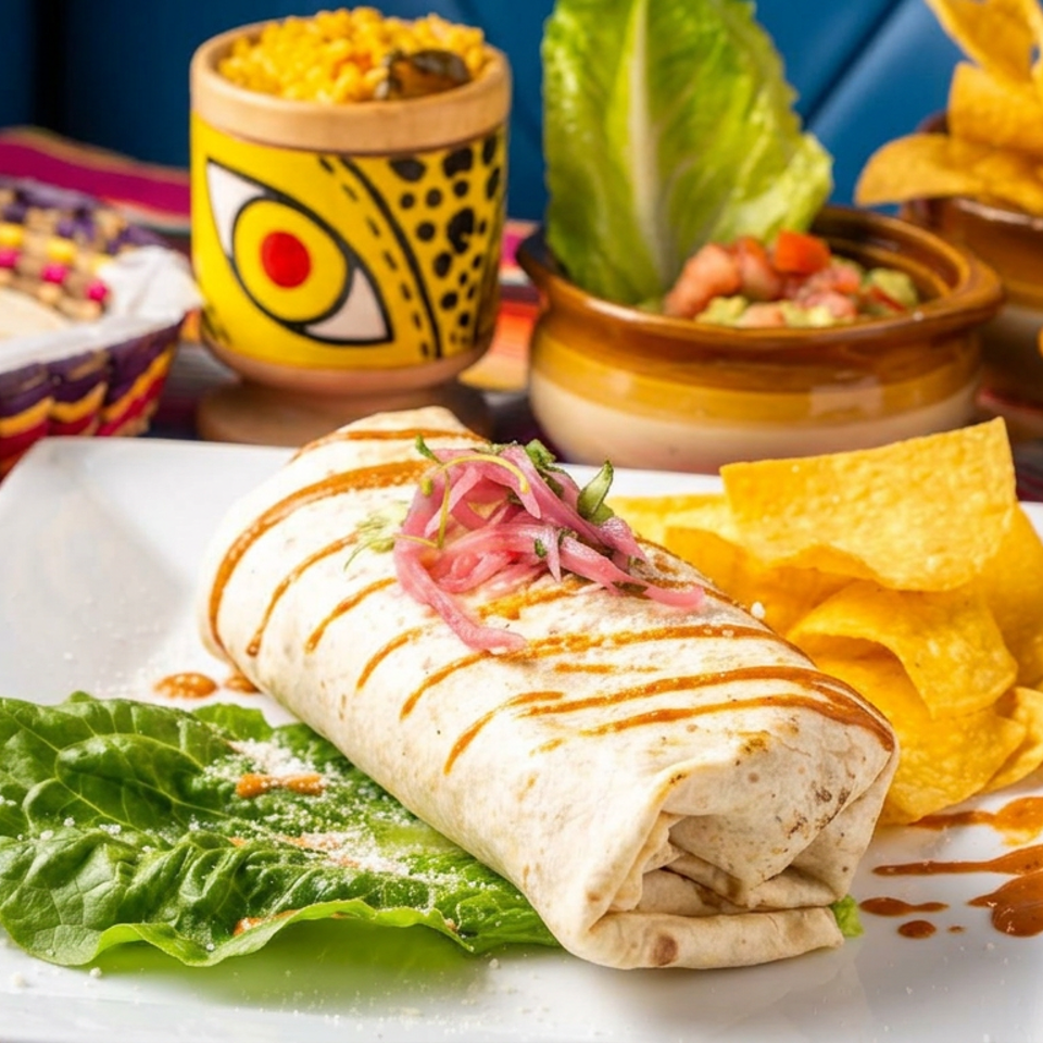 Grilled burrito topped with pickled onions, served with tortilla chips, salsa, guacamole, and colorful Mexican tableware.