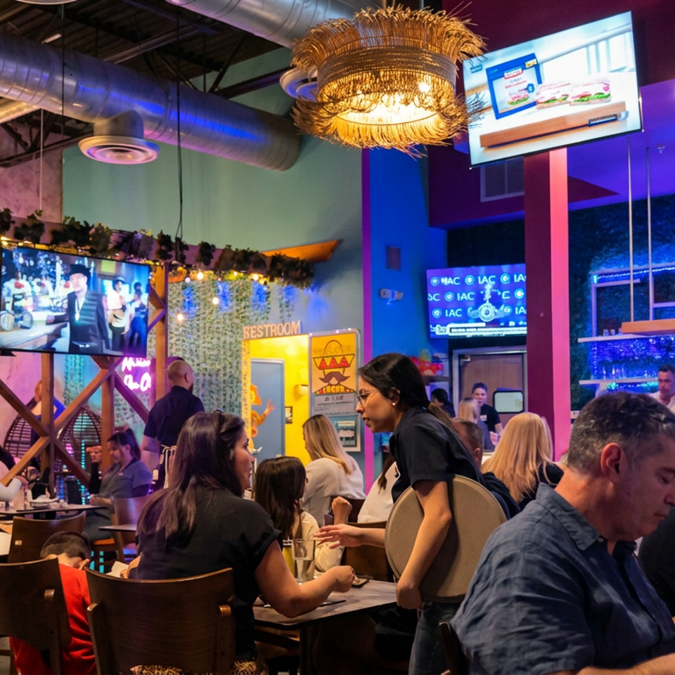 Bustling sports bar restaurant with diners, colorful lighting, ornate chandeliers, televisions showing sports, and a server carrying a chair.