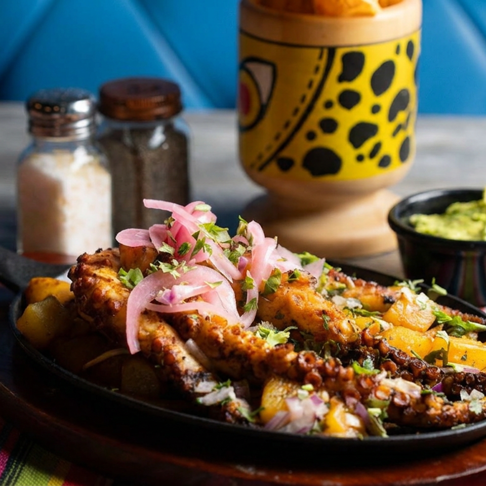 Grilled meat and octopus platter garnished with pickled onions and herbs, served with potatoes and guacamole.